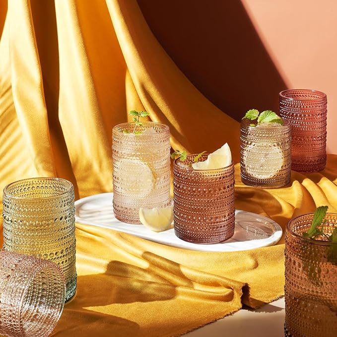Khen Hobnail Beaded Highball Drinking Tumbler Glasses | Set of 12 | Color, Vintage Bubble Design Whiskey Glassware, Old-Fashioned, Embossed Design for Water, Wine, Cocktail Embossed, Rocks Glass