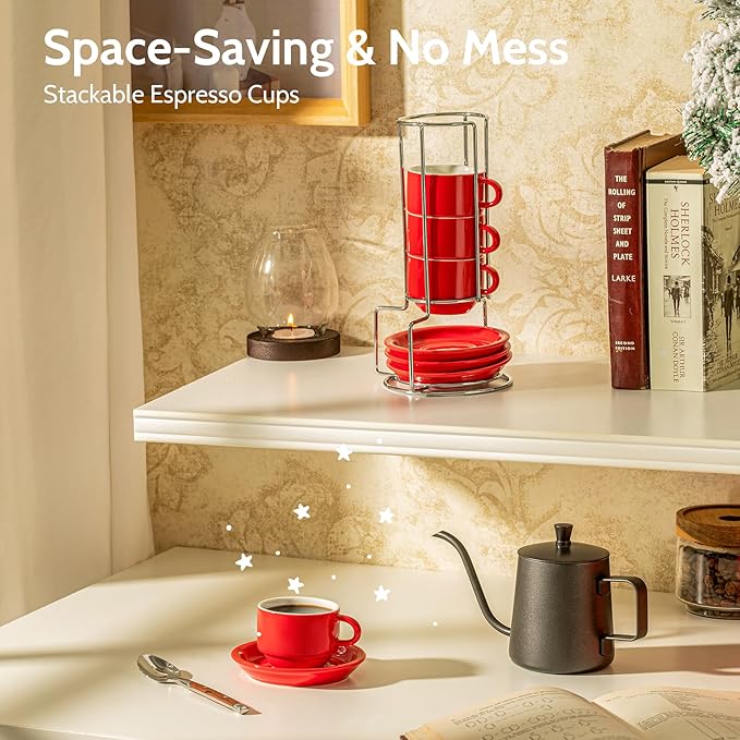 Sweese 2.5 Ounce Porcelain Stackable Espresso Cups with Saucers and Metal Stand Set of 4, Red