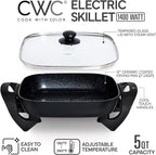 COOK WITH COLOR Electric Skillet - 12" x 12" Ceramic Nonstick Pan, PFAS-Free, 1400W, Tempered Glass Lid, Variable Temperature, Removable Heating Probe, Cool-Touch Handles, Black