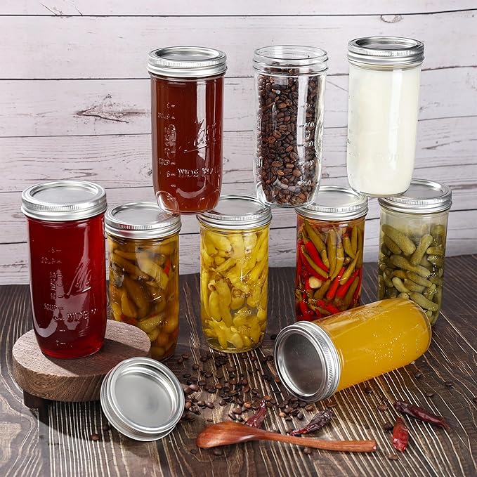 Mason Jars Wide Mouth 24oz, 10 pack Glass Pickle Canning Jars Food Storage With Airtight Mason Jar lids and Bands for Canning, Preserving, Fermenting, Pickling for Microwave/Freezer/Dishwasher