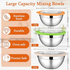 LIANYU Mixing Bowls with Lid Sets of 3, Large & Small Stainless Steel Metal Salad Mixing Bowls, 1.5 & 3 & 4.6QT Sizes For Kitchen Cooking, Baking, Storage, Food Prepping, Serving, Three-Color
