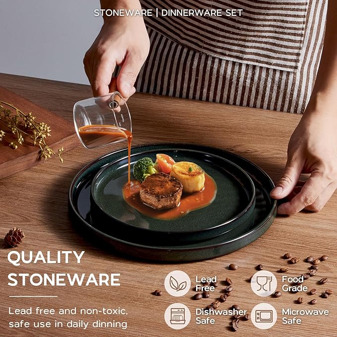 Stoneware Dinnerware Sets for 4, Onader Reactive Glaze Plates and Bowls Sets, Ceramic Dish Dinner Set with Rustic Terracotta Bottom, 12 Piece Elegant Dishware - Emerald Green