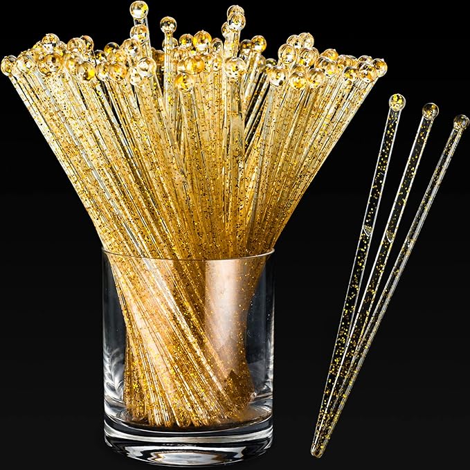 500 Pcs Gold Glitter Plastic Swizzle Sticks Crystal Cake Pops Disposable Cocktail Stir Sticks Round Ball Top Stirrers Gold Lollipop Stick for Drinks Coffee Cocktail, 7.28 Inches