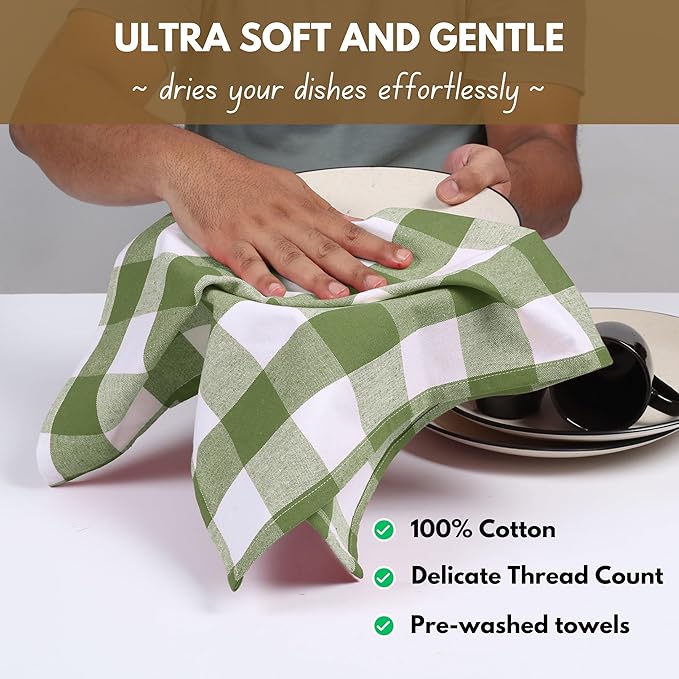 Native Fab Buffalo Check Kitchen Dish Towels, 16"x26", 4 Pack - 100% Cotton Plaid Washcloths - Absorbent Dish Cloths Set, Cleaning Hand Towels with Hanging Loop - Mint Green White