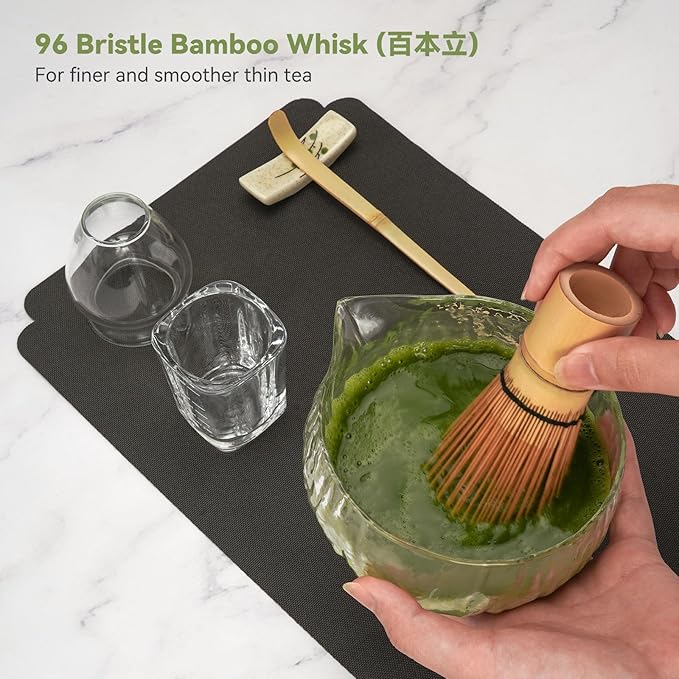 10-Pcs Matcha Whisk Set Kit, Whisk and Bowl with Spout & Measuring Spoon & Cup, Japanese Matcha Tea Making Tools, Transparent Textured Glass
