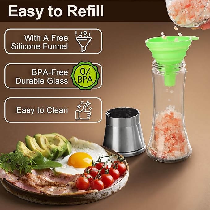 M JINEMEI Salt and Pepper Grinder Tall Size - Black Pepper, Herb Shakers Mill Refillable Manual - Stainless Steel Lid - Adjustable Coarseness - Glass Material- Fits in Home, Kitchen, Barbecue