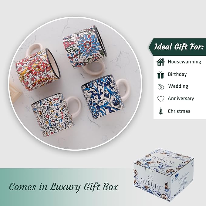 Ceramic Espresso Cups, 5 Oz Espresso Cups Set of 4, Handmade Espresso Cup, 2.75 Inch Espresso Mugs, Multicolor Demitasse Cups, Microwave & Dishwasher Safe Espresso Mugs, Coffe Mug (IZNIK CARNATION)