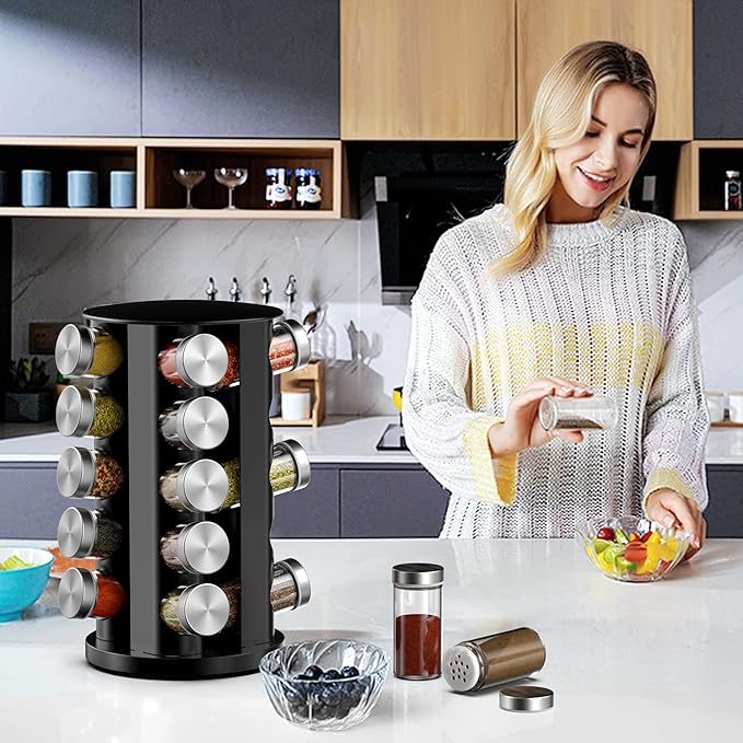 Rotating Spice Rack Organizer for Cabinet, Spice Racks Storage with 20 Jars, Spinning Spice rack for Kitchen Countertop, Spice Holder,Seasoing Storage Racks,Black