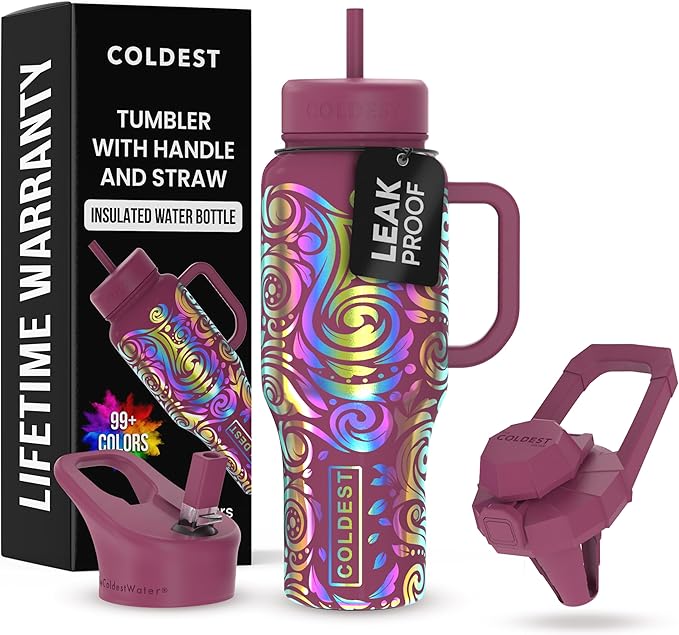 Coldest Tumbler with Handle and Straw - 100% Leak Proof Insulated Tumbler with Lid and Straw (3 Lids) - Stainless Steel Tumblers for Women & Men - Cup Holder Friendly Base, 36 oz (Rose Spiral)