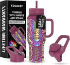 Coldest Tumbler with Handle and Straw - 100% Leak Proof Insulated Tumbler with Lid and Straw (3 Lids) - Stainless Steel Tumblers for Women & Men - Cup Holder Friendly Base, 36 oz (Rose Spiral)