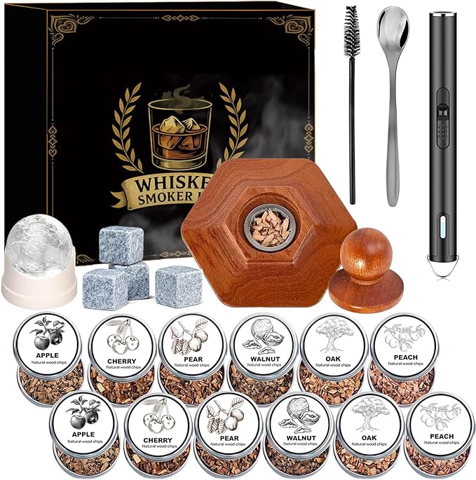 Whiskey Smoker Kit with Torch – 12 Natural Wood Chips, Ice Ball Molds, Cocktail Drink Smoker Infuser Set, Old Fashioned Smoker for Whiskey, Bourbon Gift for Men, Husband, Dad, Him