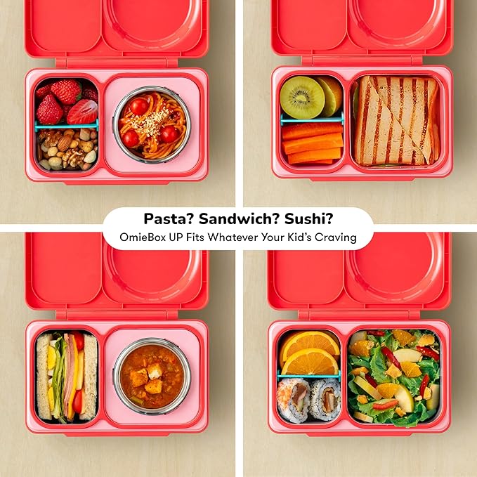 Omie OmieBox UP bento Box for Kids | Insulated Lunch Box | Leak Proof Vacuum Insulated Thermal Food jar | Cooler ice Pack | 2 Compartments (Cherry Pink)
