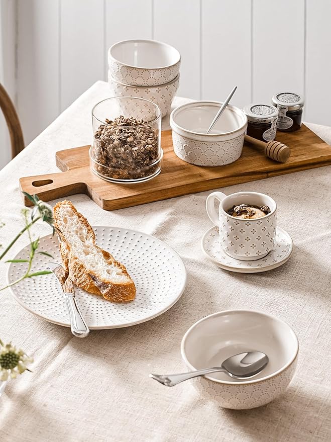 LE TAUCI Stackable Espresso Cups 4 oz with Saucers and Stand, Ceramic Embossment Coffee Cup for Double shot, Lungo, Ristretto, Dishwasher Oven Safe - Set of 4, Arctic white