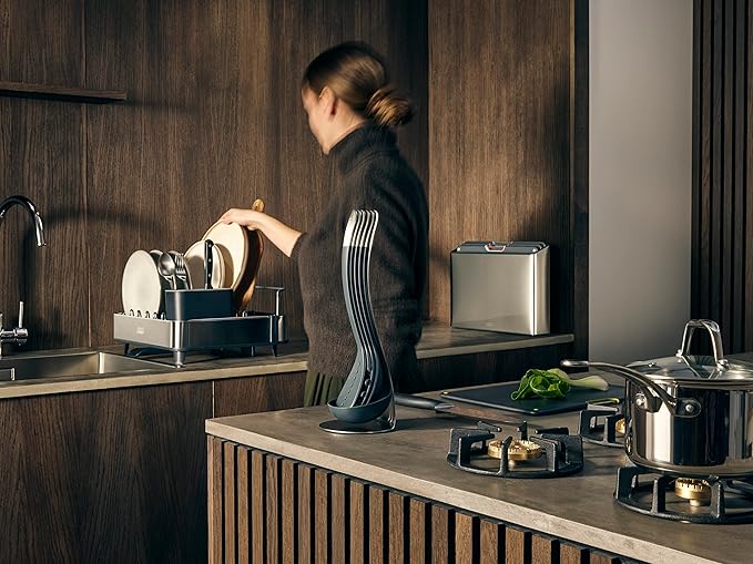 Joseph Joseph Extendable Dish Drying Rack with Dual Parts - Stainless Steel, Non-Scratch, Movable Utensil Drainer & Drainage Spout, Gray