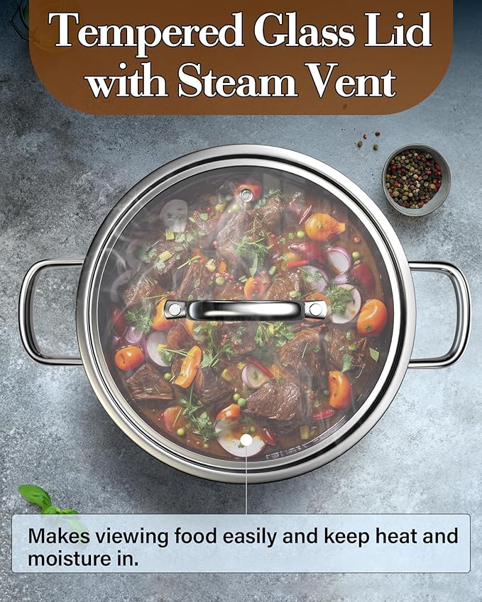 Cook N Home 7-Piece Tri-Ply Clad Stainless Steel Cookware Set, Pots and Pans Kitchen Set with Tempered Glass Lids, Induction-Ready, Dishwasher-Safe, Silver