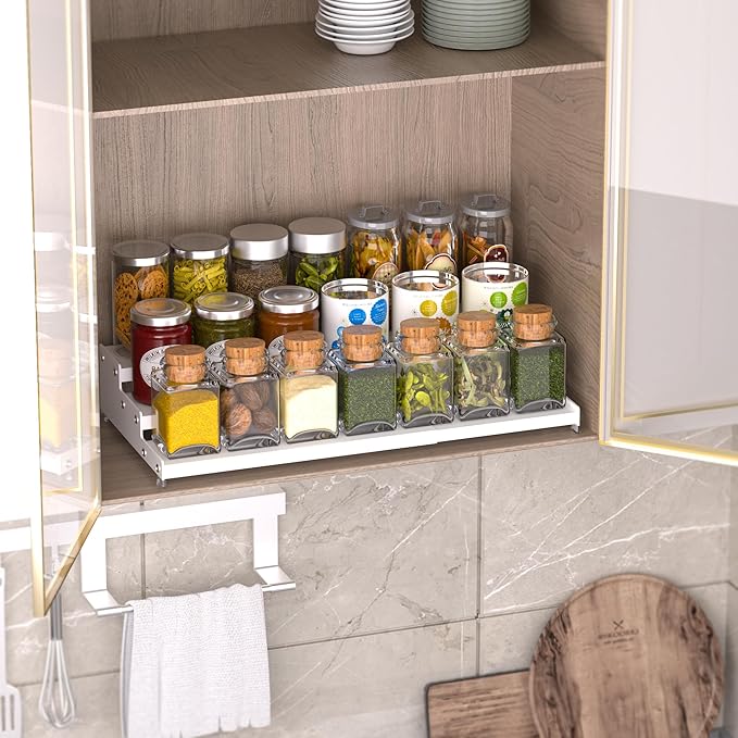 Premium Spice Rack Organizer for Countertops - tiered spice rack organizer for cabinet, spice jars, oil bottles and utensils 1 Pack White (modern rust-resistant design)