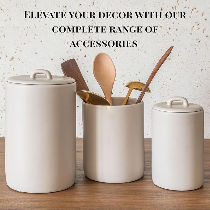 Ceramic Large Kitchen Utensil Holder for Countertop, 7"x5.9", Stable & Sturdy, Cooking Utensils Holder, Smooth & Matte Cream Color,Silicone Pads, Utensil Organizer for Kitchen Counter Decor