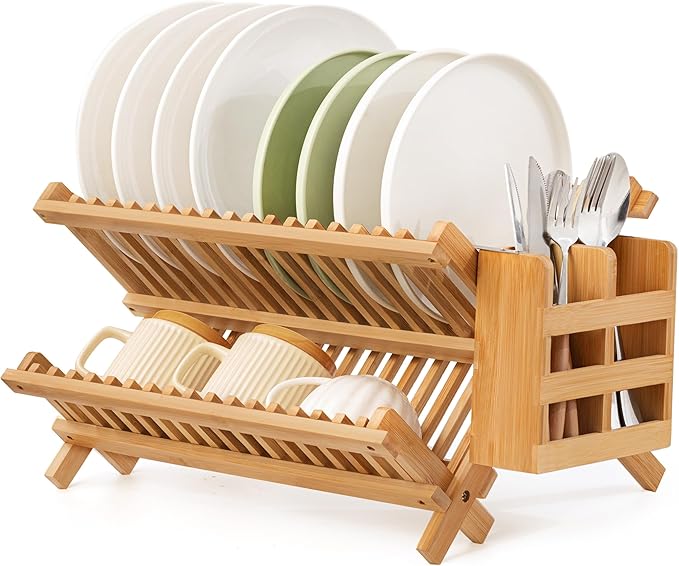 Bamboo Dish Drying Rack with Utensil Holder, 2 Tier Collapsible Dish Rack for Kitchen Counter, Large Folding Drying Holder, Dish Drainer, Kitchen Organizers and Storage