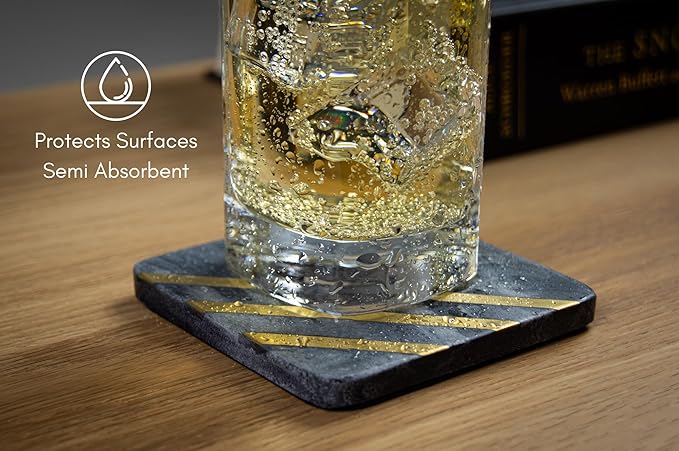 Cork & Mill Grey Marble Coasters Set of 6 - Real Natural Stone Gray and Black Coasters for Drinks - Luxury Gold Aesthetic - Modern Coffee Table Decor - Semi Absorbent Stone