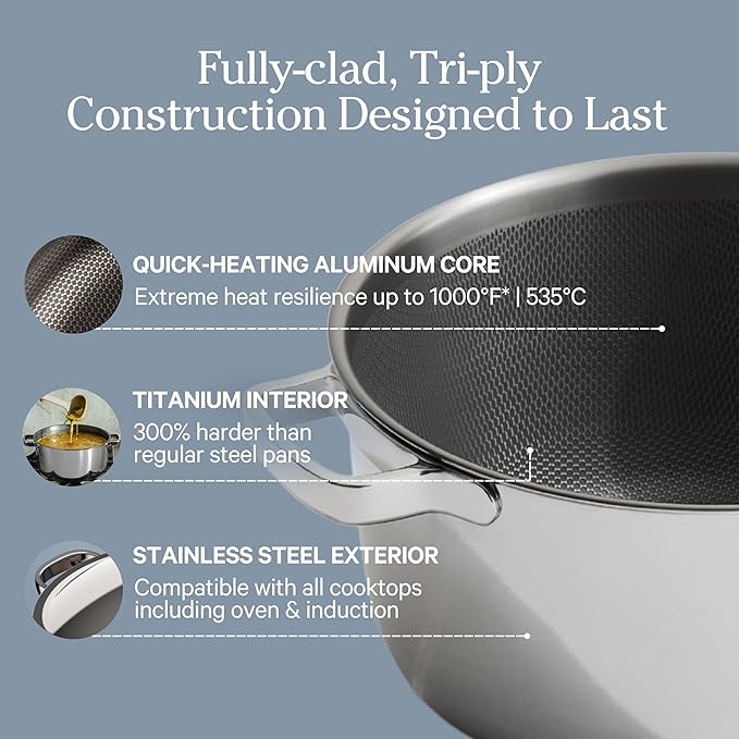 Our Place Titanium Perfect Pot Pro - 6.75 Qt No-Coating Nonstick Stock Pot | Tri-Ply Titanium & Stainless Steel | Oven-Safe up to 1000°F & Compatible with All Cooktops | Includes Spoon | Chrome