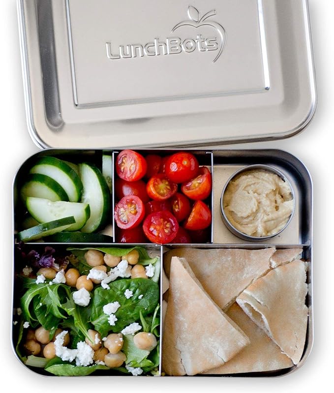 LunchBots Large Cinco Stainless Steel Lunch Container - Five Section Design Holds a Variety of Foods - Metal Bento Box - Dishwasher Safe - Stainless Lid