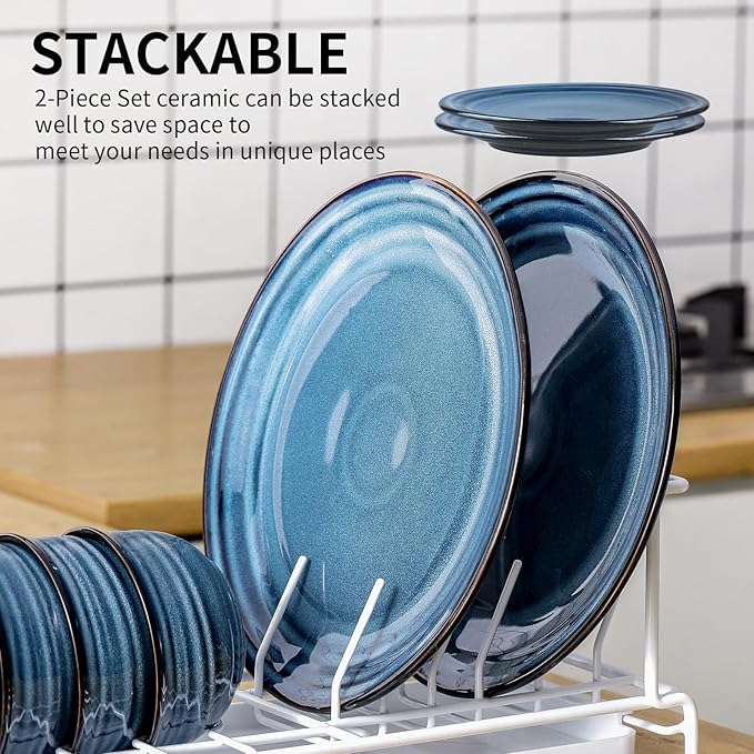 Hasense Ceramic Dinner Plates Set of 2,10 Inch Large Porcelain Pasta and Salad Plates,Blue Stoneware Plate Set Microwave,Oven,and Dishwasher Safe