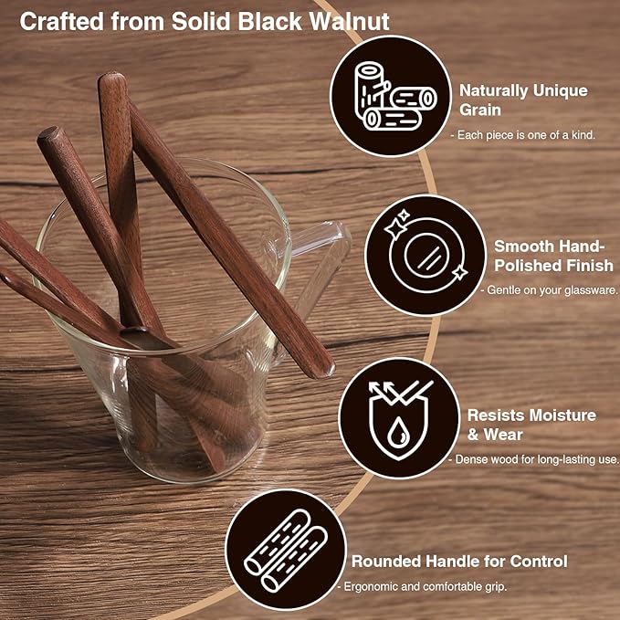 Black Walnut Wood Coffee Stirrers, 6Pcs 6 Inch Reusable Stir Sticks for Coffee, Tea, Milk, Espresso, Peanut Butter Spreader, Multifunctional Wooden Stirrers with Smooth Finish (Brown, 6pcs)