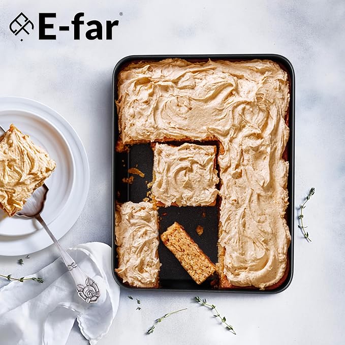 E-far 12.5 x 9.7 Inch Baking Pan Set of 2, Nonstick Stainless Steel Rectangle Cake Pans for Baking Brownies Casseroles Lasagna, Stainless Steel Core & Nonstick Coating, Non-toxic & Oven Safe