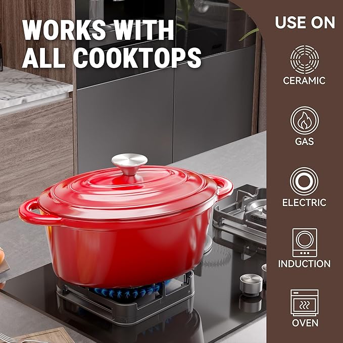 Oval Dutch Oven for Bread Baking, 4.5 Quart Non Stick Enameled Cast Iron Dutch Oven Pot with Lid, Oven Safe Oval Casserole with Lid up to 500°F for Baking, Braising, Stews, Roasting (Red)