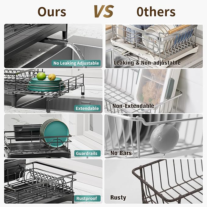 Large Dish Drying Rack - Expandable Dish drainers for Kitchen Counter,Over The Sink Dish Drainer Drying Rack,Rustproof Dish Drainer with Utensil Holder and Drainboard