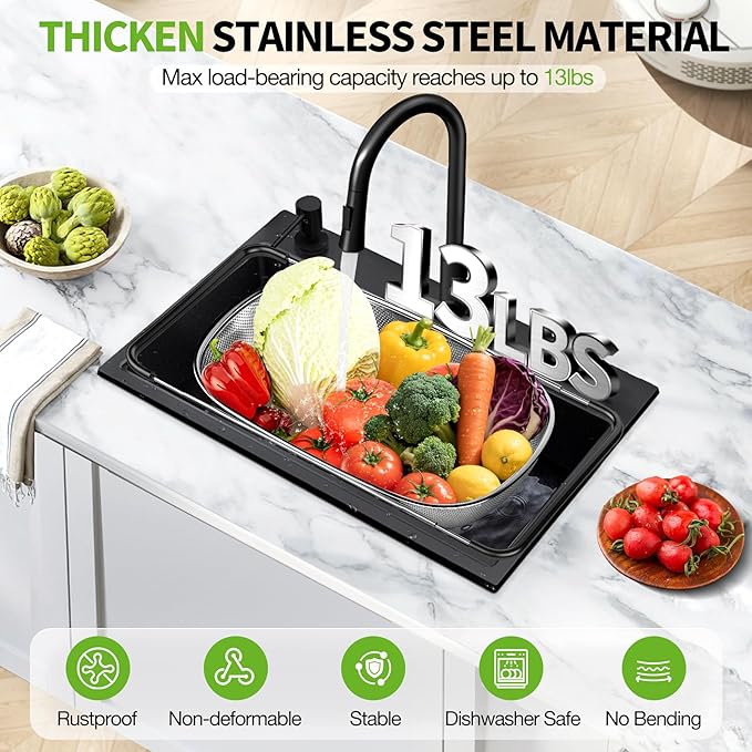 FirstE Over the Sink Colander Strainer Basket 6 Quart, Fine Mesh Stainless Steel Colander with Expandable Anti-slip Rubber Grip Handles, Kitchen Sink Vegetable Strainer for Drain Pasta, Rinse Fruits