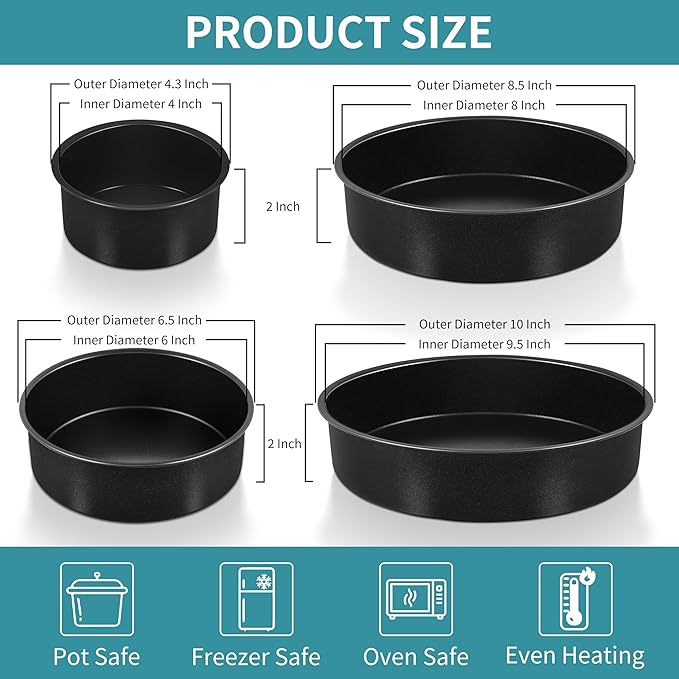 P&P CHEF Non-stick Cake Pan Set of 4, 4/6/8/9.5 Inch Round Baking Cake Pans Tins for Tier Smash Cakes, Non-Toxic & Solid, Stainless Steel Core & Leak-Proof, 4Pcs