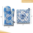 Maison d' Hermine 100% Cotton Oven Mitt & Pot Holder Set (7.5"x13" & 8"x8") Heat Resistant BBQ Cooking Gloves with Loop, Baking, Grilling, Kitchen, Handling Hot Pans Spring/Summer (Summer Blues)