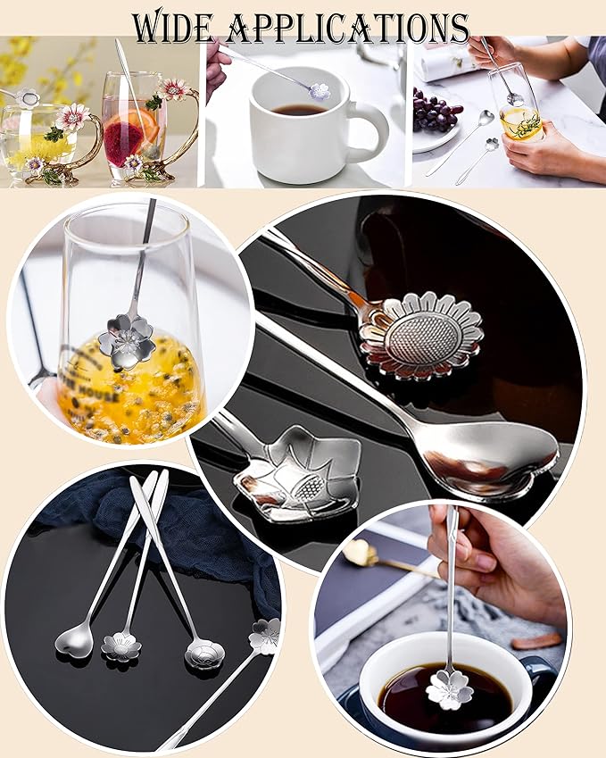 9 Pcs Flower Spoon Coffee Teaspoon Set, ESRISE Stainless Steel Tea Spoon for Tea Party Decorations (Silver)