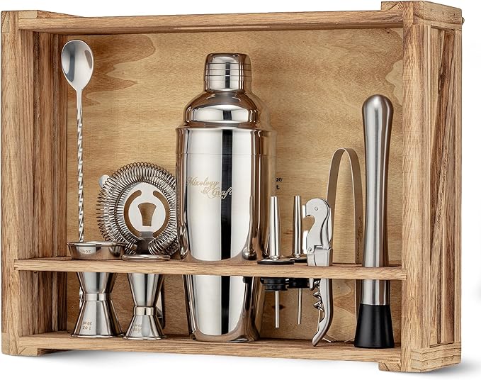 Mixology & Craft 11-Piece Cocktail Shaker Set, Bartender Kit with Stand, Stainless Steel Bar Tools, Dual Jiggers, Muddler & Pourers, Wood Display for Home Bar - Gift Ready (Silver)