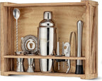 Mixology & Craft 11-Piece Cocktail Shaker Set, Bartender Kit with Stand, Stainless Steel Bar Tools, Dual Jiggers, Muddler & Pourers, Wood Display for Home Bar - Gift Ready (Silver)