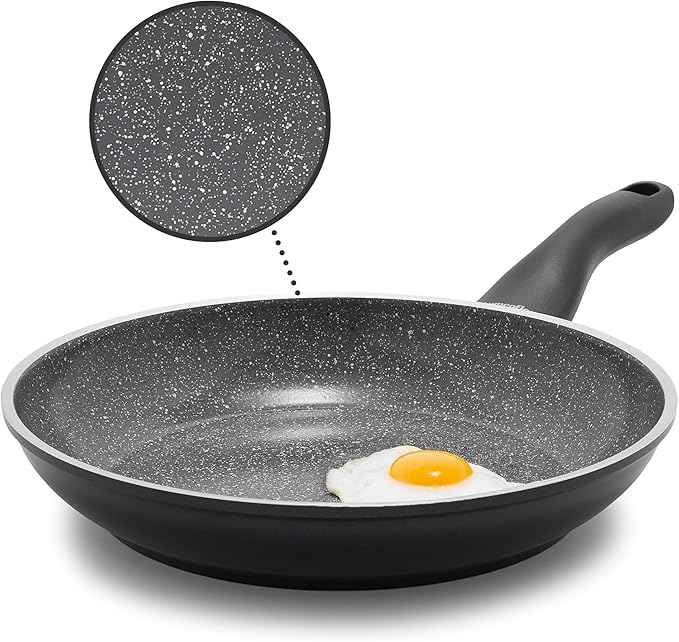 Rigoletto 9.5” Nonstick Frying Pan Skillet, Made in Italy, Vesuvio Layered Ceramic PFAS-Free Surface, Induction Ready, Dishwasher & Metal Utensil Safe, Granite Finish, Stay-Cool Handle,Black