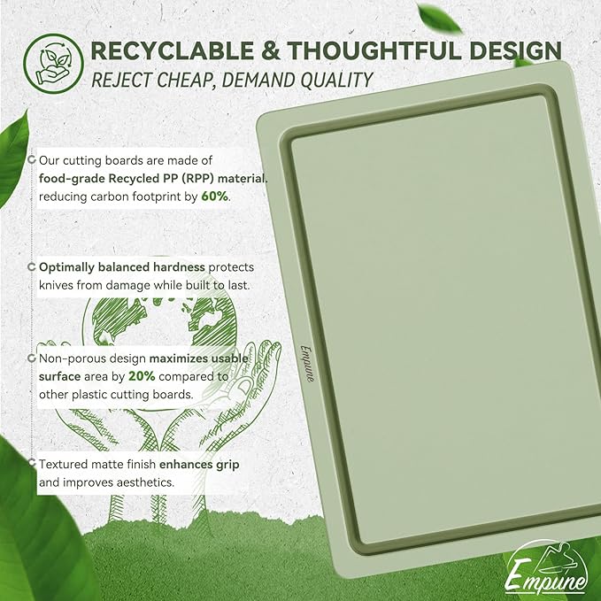 Empune Plastic Cutting Board Set, Recycled Plastic Cutting Boards for Kitchen (Set of 3), Dishwasher Safe Large Chopping Board with Holder, Non-slip Feet and Juice Grooves, Nonporous, Green