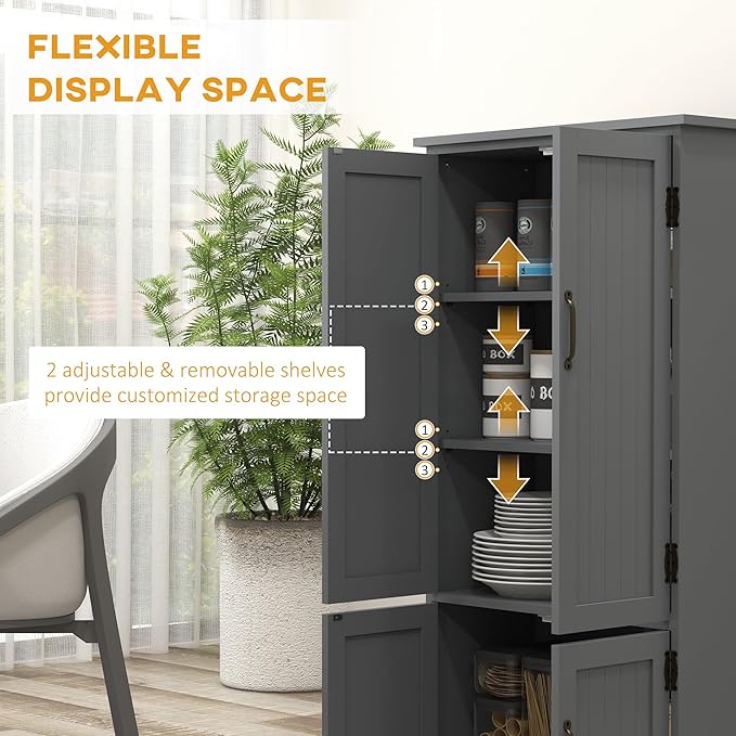 HOMCOM 48.5" Kitchen Pantry Cabinet with 2 Adjustable Shelves and 4 Beadboard Doors, Compact Farmhouse Kitchen Storage Cabinet for Dining Room, Gray
