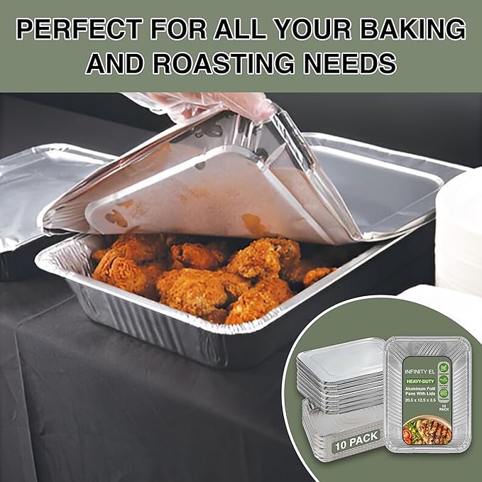 INFINITY EL Disposable Aluminum Foil Pan with Lids 10 Pack | Full Size Steam Shallow 20.5" x 12.5" x 2" Heavy Duty Aluminum Pan with Lids | Disposable Baking Pan for Roasting Turkey, Lasagna, Parties
