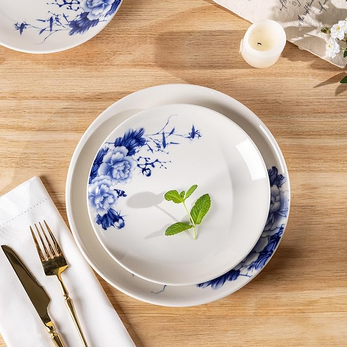LERATIO Ceramic Dinnerware Sets,Blue and White Plates and Bowls Set,Highly Chip and Crack Resistant | Dishwasher & Oven & Microwave Safe | Round Dishes Set Service for 4 (12pc)- Peony