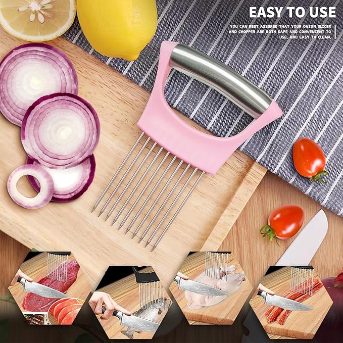 2PCs Stainless Steel Onion Slicer Holder, Onion Cutter Holder for Slicing of Onions,Tomatoes,Avocados,Eggs and Other Vegetables,KItchen Utensils (Pink & Black)