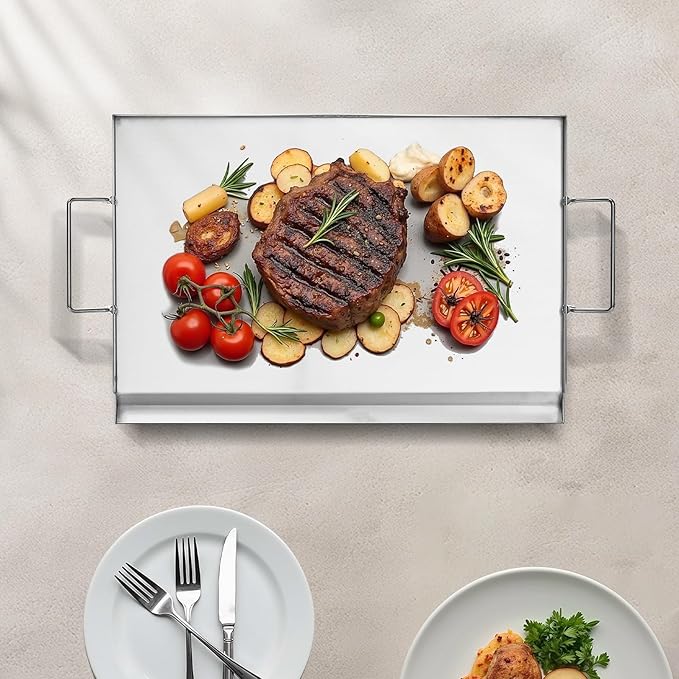 VEVOR Stainless Steel Griddle, 23x16 inch Universal Flat Top Rectangular Plate, Gas Grill Griddle for BBQ Grill, Teppanyaki, Portable Family Cookware with Handle, for Camping Tailgating Party