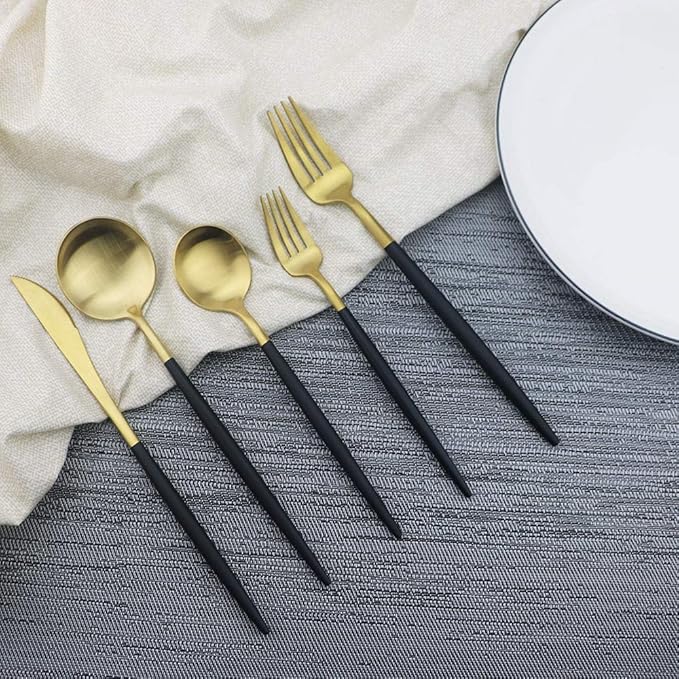 JASHII Luxury Black Gold Flatware, Silverware Sets, 5-piece Elegant Cute 18/10 Stainless Steel Silverware Set for Eating Home Kitchen Hotel Restaurant, Service Sets for 1 People, Dishwasher Safe