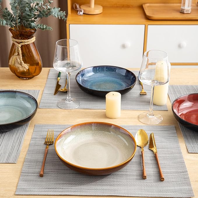 LERATIO Pasta Bowls,Ceramic 38oz Pasta Bowls,9.0" Reactive Glaze Pasta Bowl Set of 4,Microwave & Dishwasher,Oven Safe,Large Wide Serving Bowls for Salad, Dessert,Pizza,Fruit -Colorful