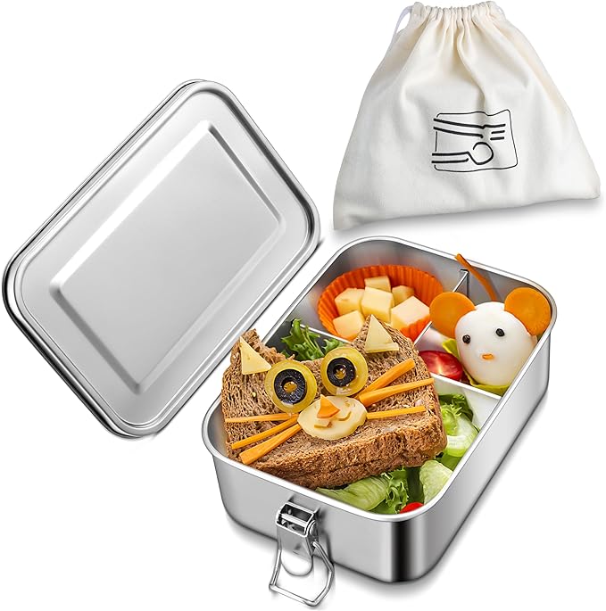 HaWare Stainless Steel Bento Box, 47oz (1400ml) Leak-Proof Lunch Box for Kids Adults, 3 Compartments Food Containers with Removable Dividers and Bag, Metal Lunch Containers for Snack Meal Sandwich