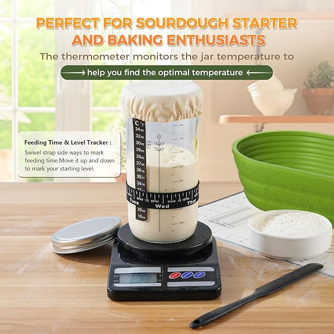 Sourdough Bread Baking Supplies 34 oz Sourdough Starter kit with Pot, 2 Silicone Bread Proofing Baskets, and Bread Making Tools Kit - Green