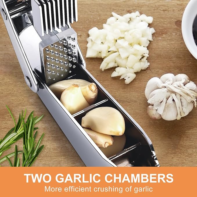 Garlic press and slicer 2 in 1,Effortlessly Crush, Slice, and Mince Garlic,with this Versatile Kitchen Tool - Perfect for Home Cooks and Professional Chefs Alike. (Silvery)
