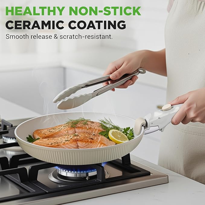 NutriChef 18-Piece Ceramic Cookware Set with Detachable Handles, Non Stick Pots and Pans, PTFE-Free Natural Ceramic Coating, Space-Saving Design, Oven & Stove Safe, Includes Utensils, Green