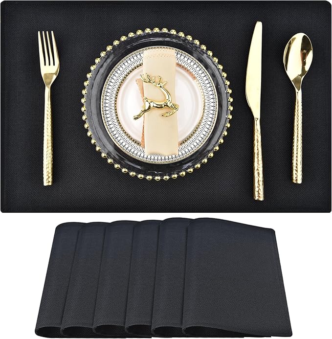 Black Cloth Placemats Set of 6 - Double Thickened Easy to Clean Linen Style Fabric Placemats - Machine Washable Placemats- Heat Resistant Non-Slip Table Mats - 18x12 Inch (Black, 6)